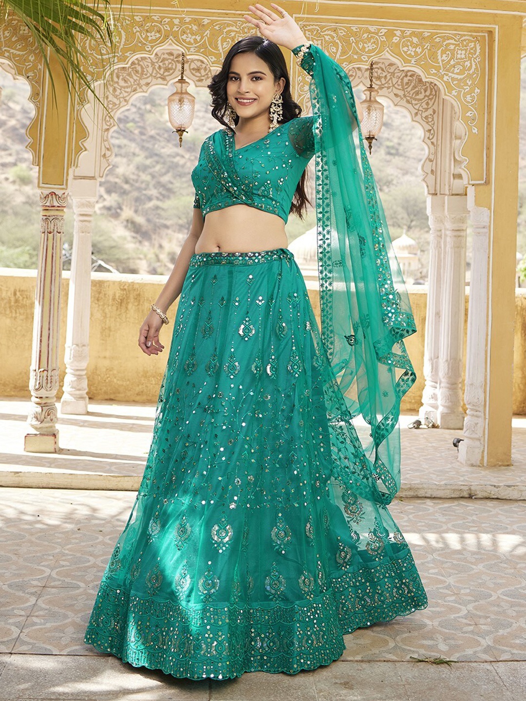 

WHITE FIRE Ethnic Motifs Embroidered Sequinned Semi-Stitched Lehenga Choli, Blue
