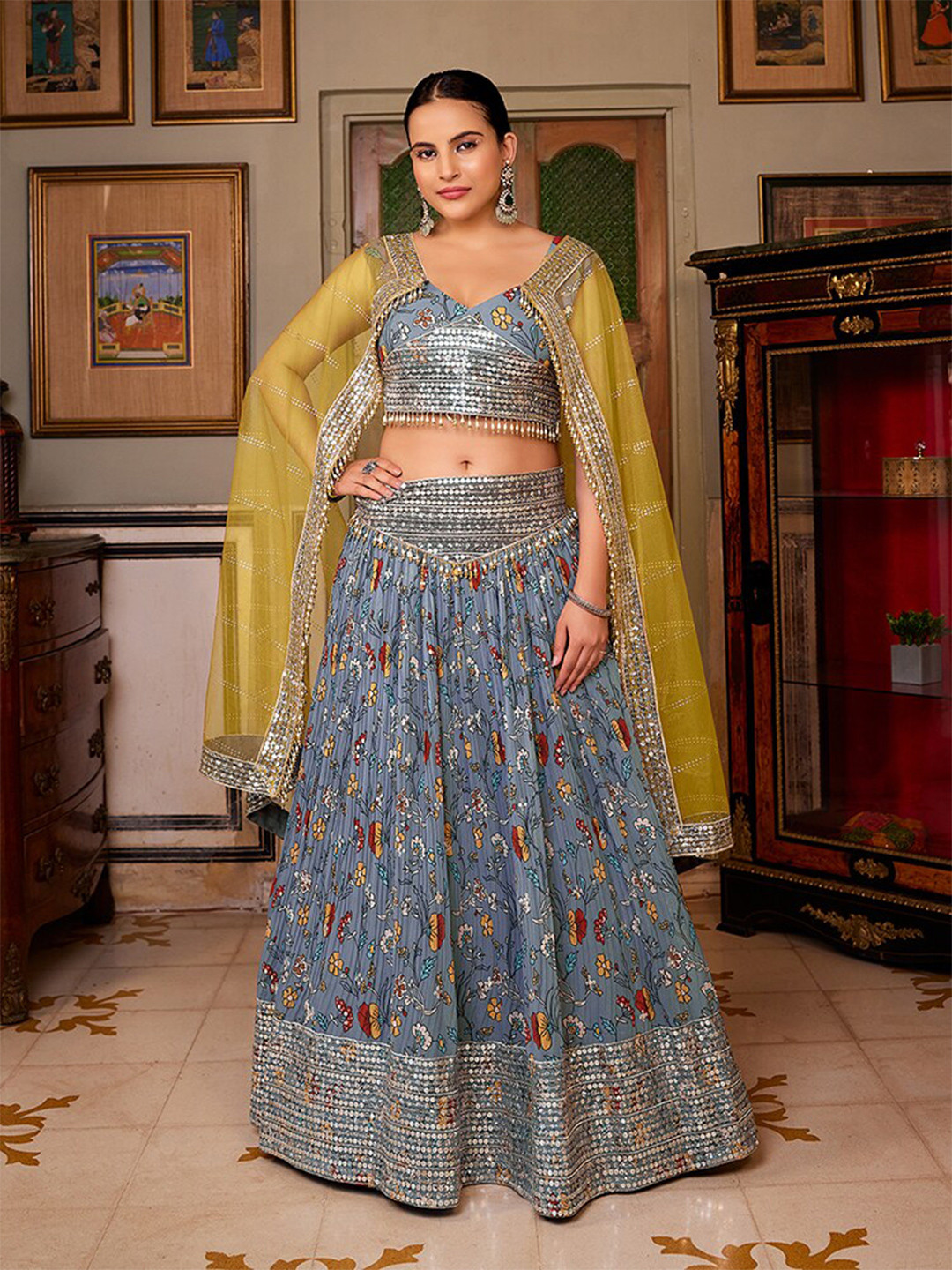 

WHITE FIRE Embroidered Semi-Stitched Lehenga & Unstitched Blouse With Dupatta, Grey