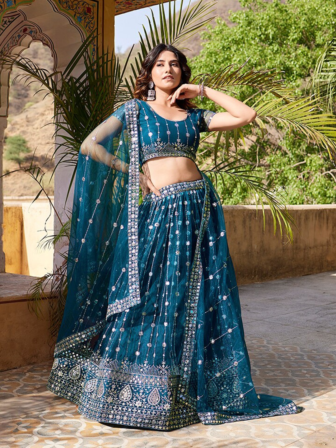 

WHITE FIRE Ethnic Motifs Embroidered Sequinned Semi-Stitched Lehenga Choli, Blue