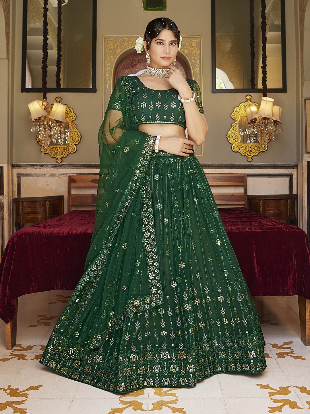 

WHITE FIRE Ethnic Motifs Embroidered Sequinned Semi-Stitched Lehenga Choli, Green