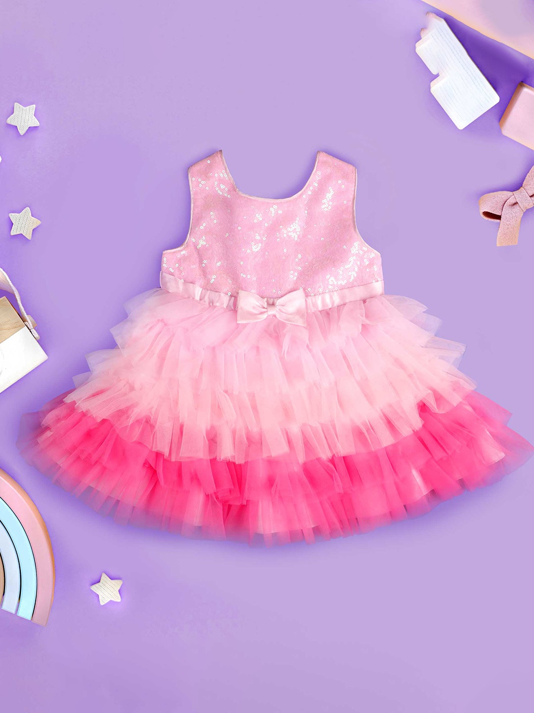 

KICKS & CRAWL Girls Sequined Ruffled Layered with Bow Detail Fit & Flare Dress, Pink