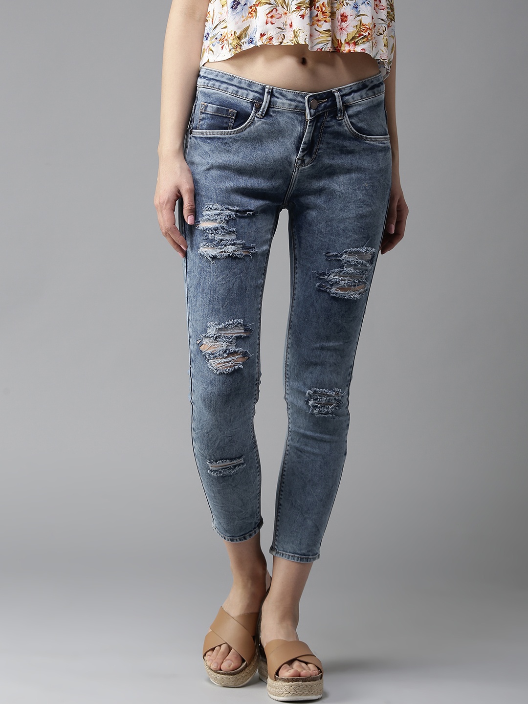 

HERE&NOW Women Blue Skinny Fit Mid-Rise Highly Distressed Stretchable Jeans