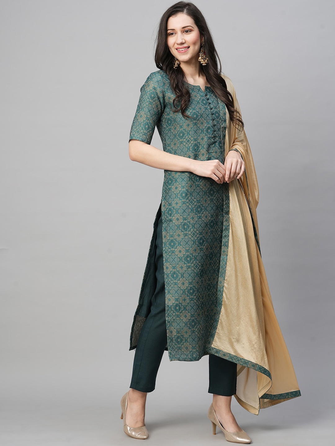 

KALINI Ethnic Motifs Printed Straight Kurta & Trousers With Dupatta, Green