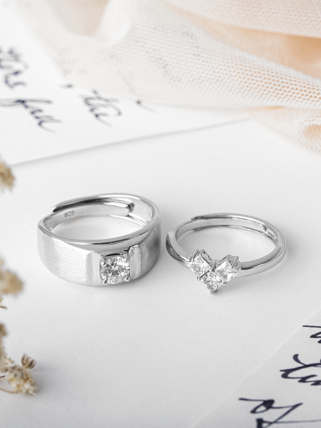 

Zavya Unisex Set Of 2 92.5 Sterling Silver Rhodium-Plated & CZ-Studded Couple Ring