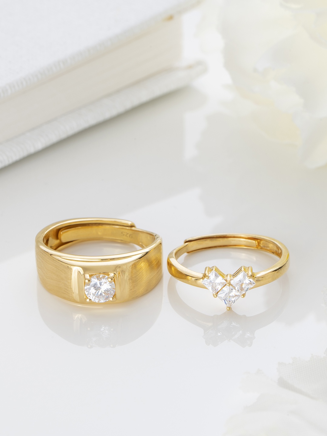 

Zavya Set Of 2 92.5 Sterling Silver Gold-Plated CZ-Studded Couple Adjustable Finger Ring