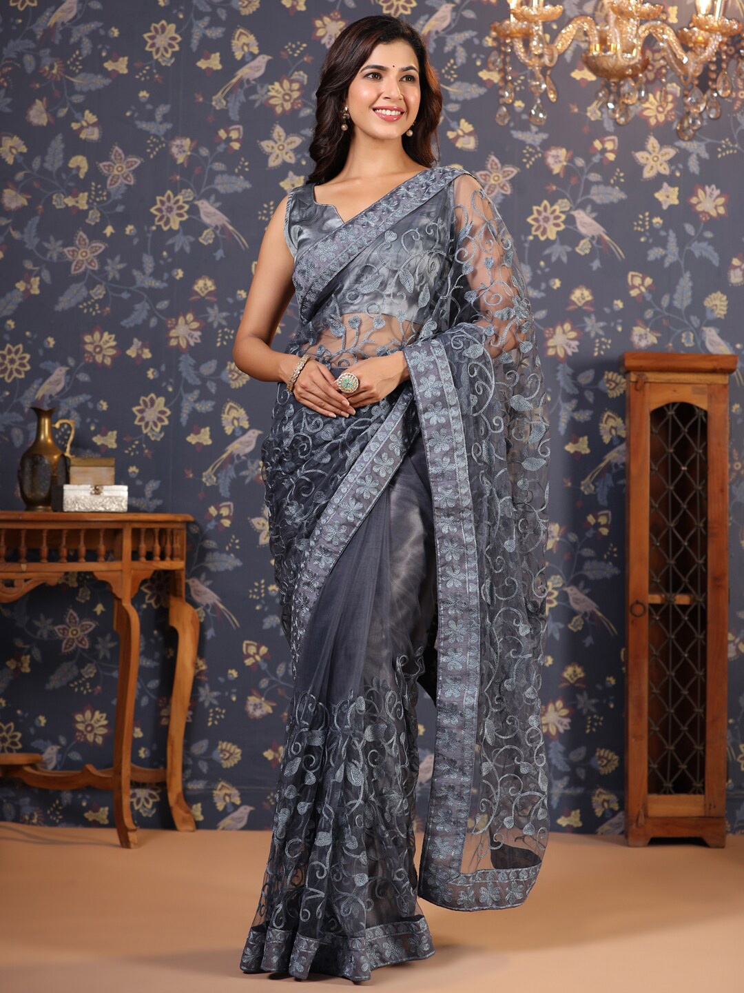 

House of Pataudi Floral Embroidered Net Sarees, Grey
