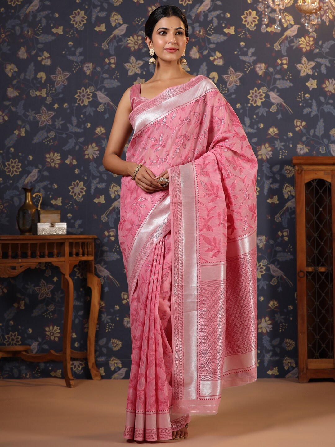 

House of Pataudi Floral Woven Design Zari Sarees, Pink