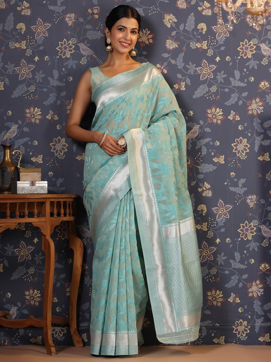 

House of Pataudi Floral Woven Design Zari Silk Cotton Sarees, Blue