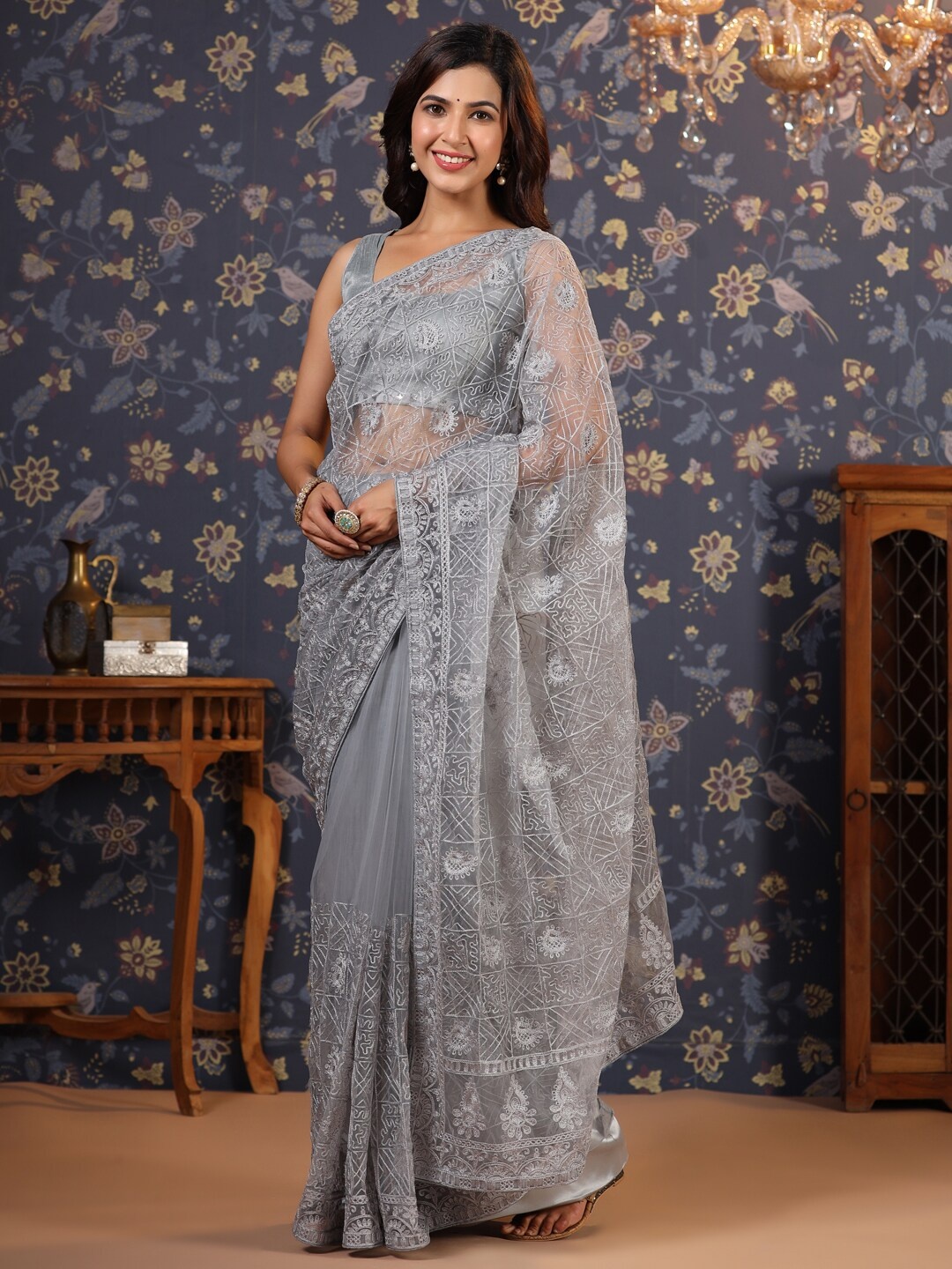 

House of Pataudi Floral Embroidered Net Sarees, Grey