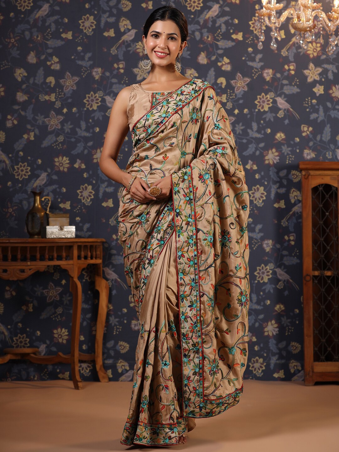 

House of Pataudi Floral Embroidered Sarees, Cream