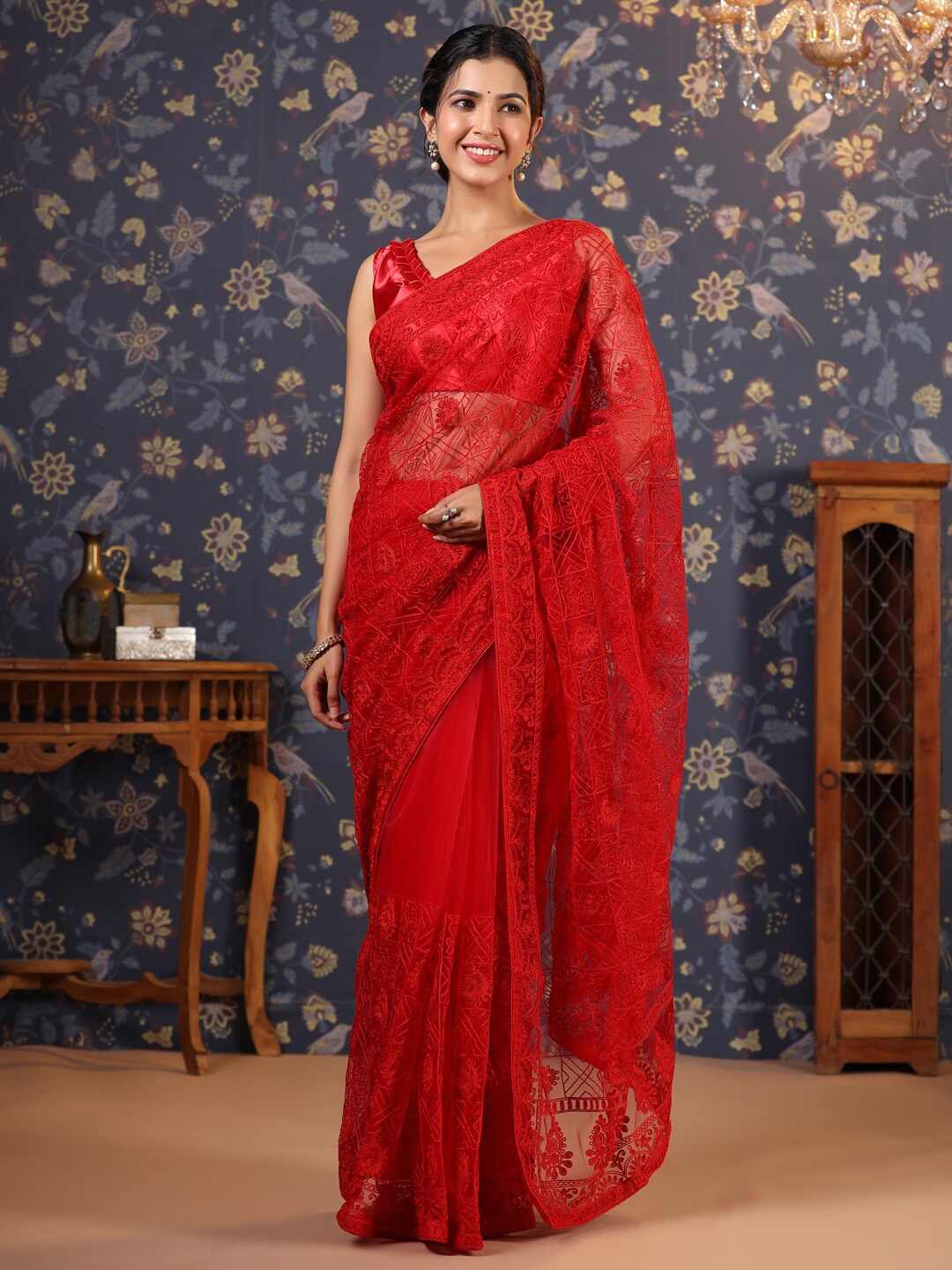 

House of Pataudi Floral Embroidered Net Sarees, Red