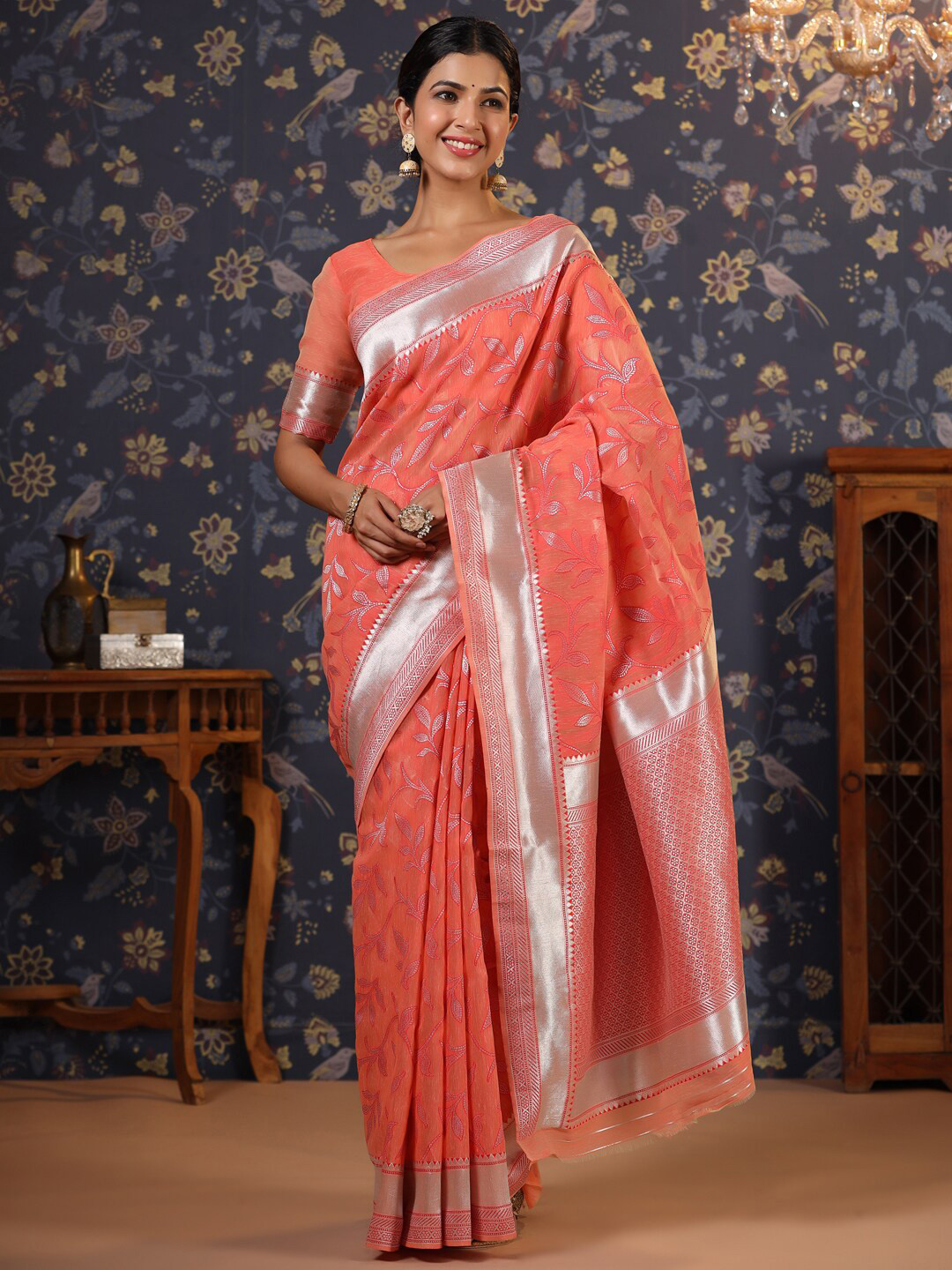 

House of Pataudi Floral Woven Design Zari Silk Cotton Sarees, Orange