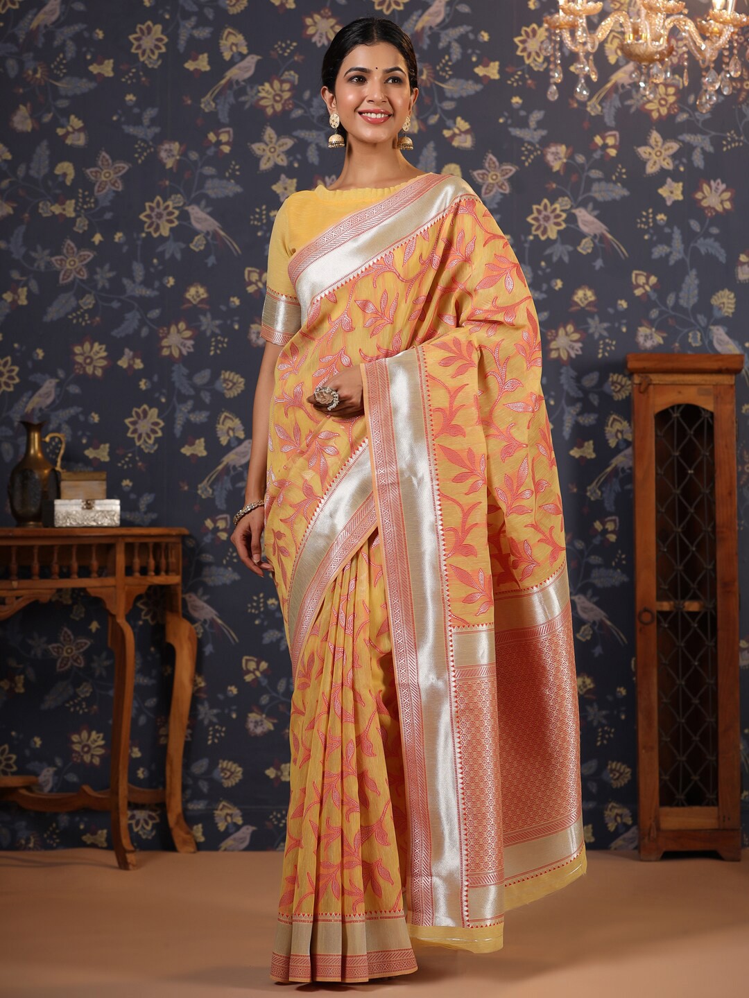 

House of Pataudi Floral Woven Design Zari Silk Cotton Sarees, Yellow