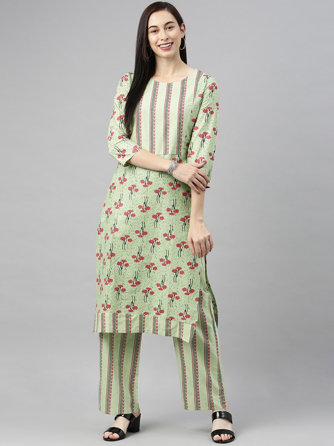 KALINI Floral Printed Straight Kurta with Palazzos, Green