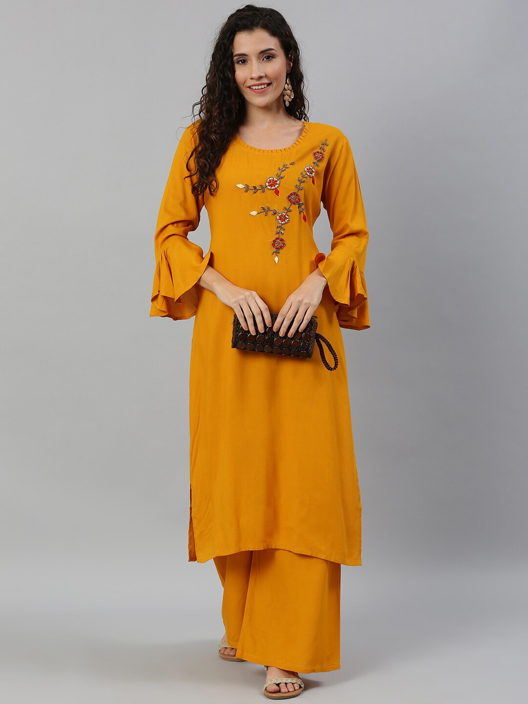 

KALINI Floral Embroidered Flared Sleeves Kurta with Palazzos, Mustard