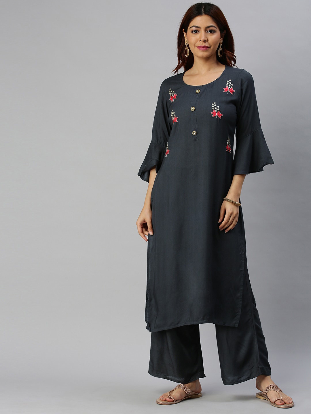

KALINI Floral Embroidered Regular Kurta with Palazzos, Grey