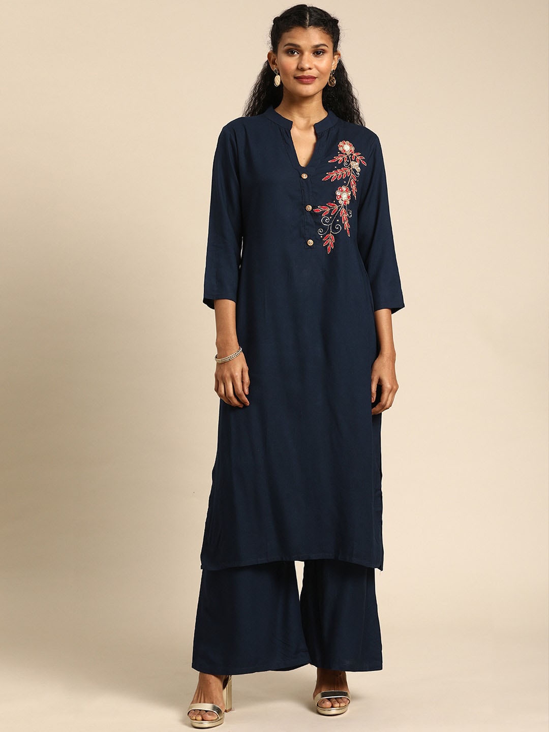 

KALINI Floral Embroidered Regular Beads And Stones Kurta With Palazzos, Navy blue