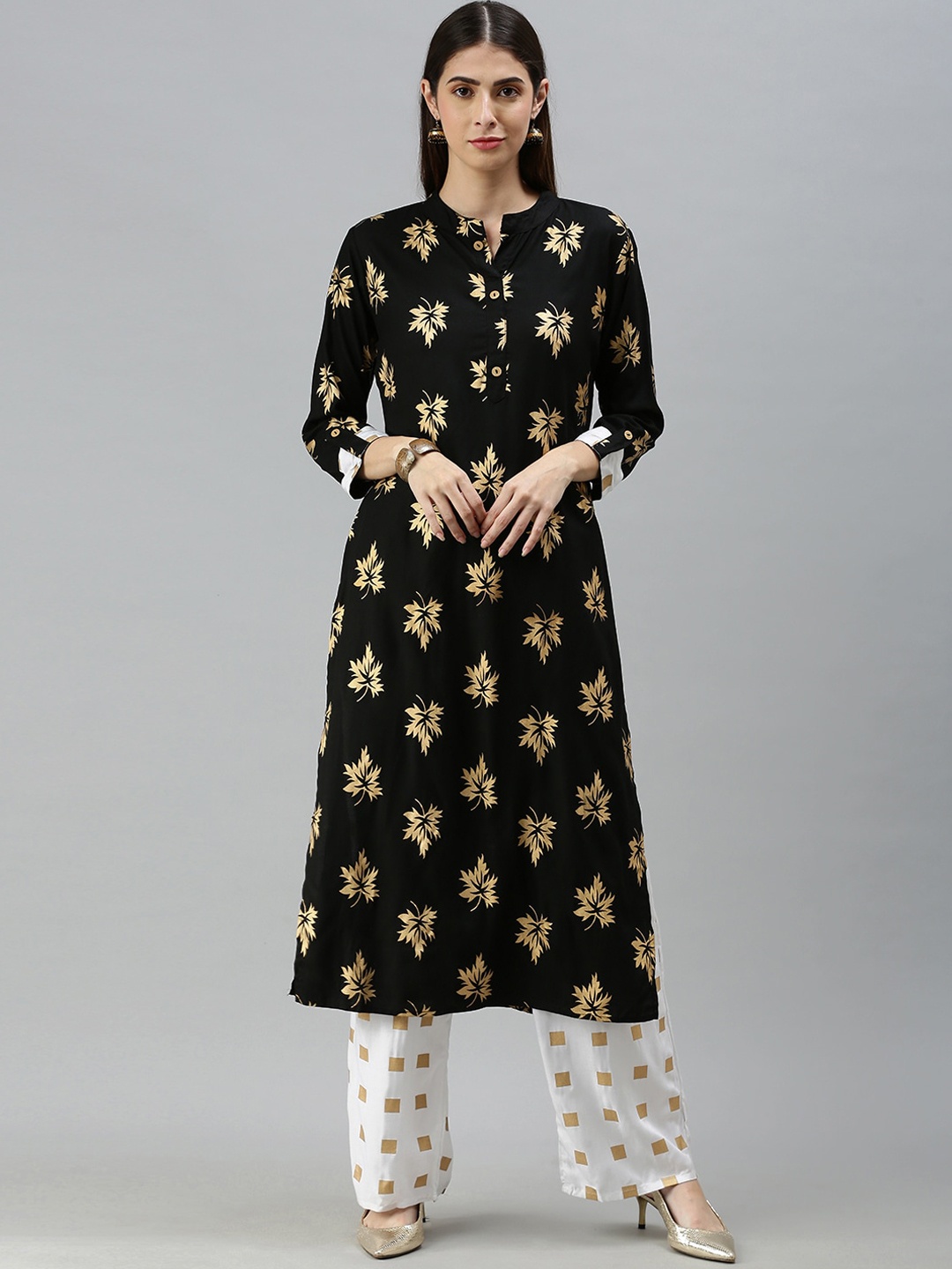 

KALINI Floral Embroidered Band Collar Kurta with Palazzos, Black