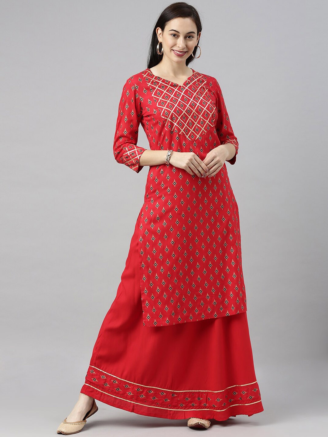 

KALINI Geometric Printed Straight Kurta with Skirt, Red