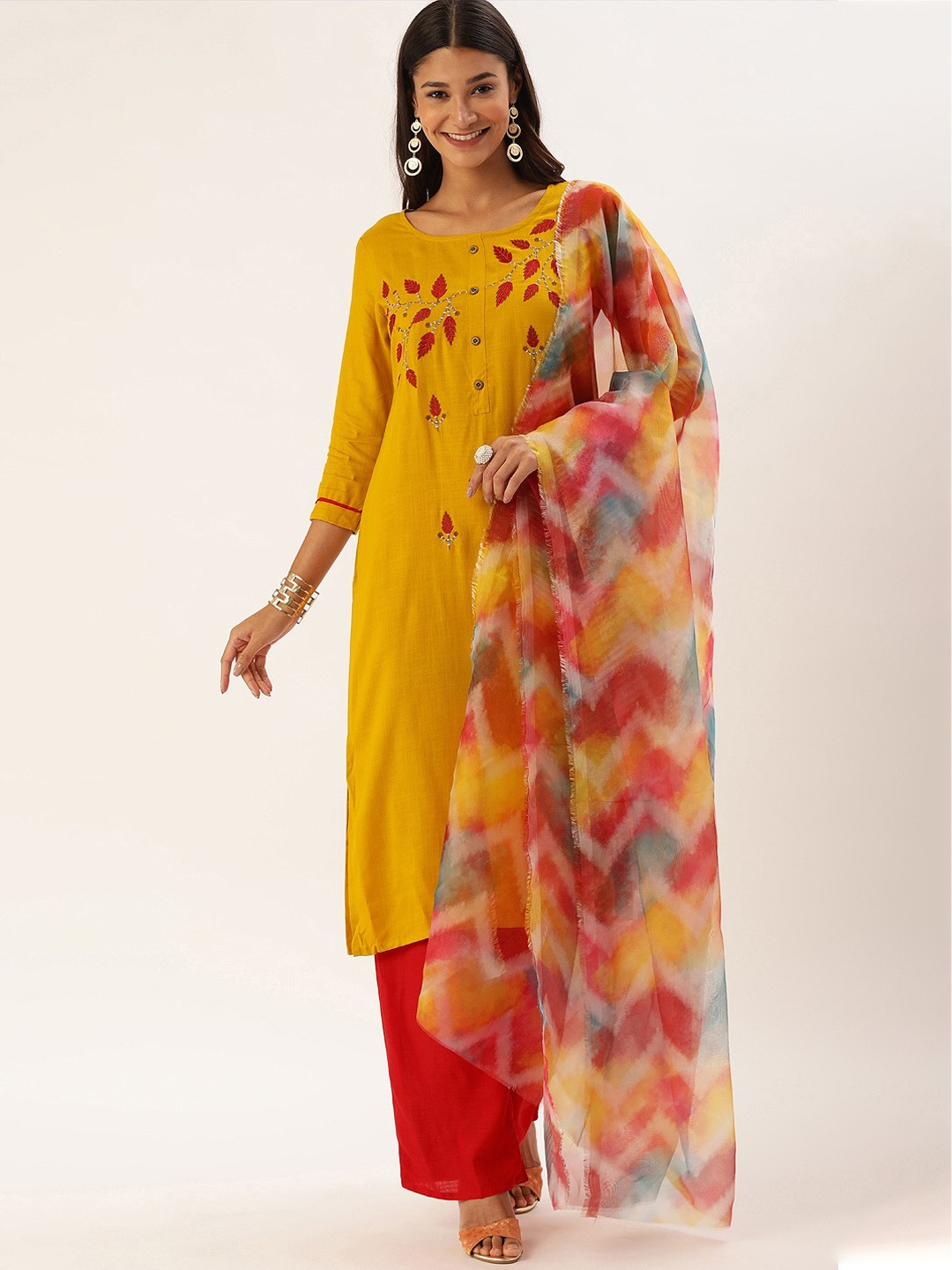 

KALINI Floral Embroidered Round Neck Kurta & Palazzos with Dupatta, Mustard