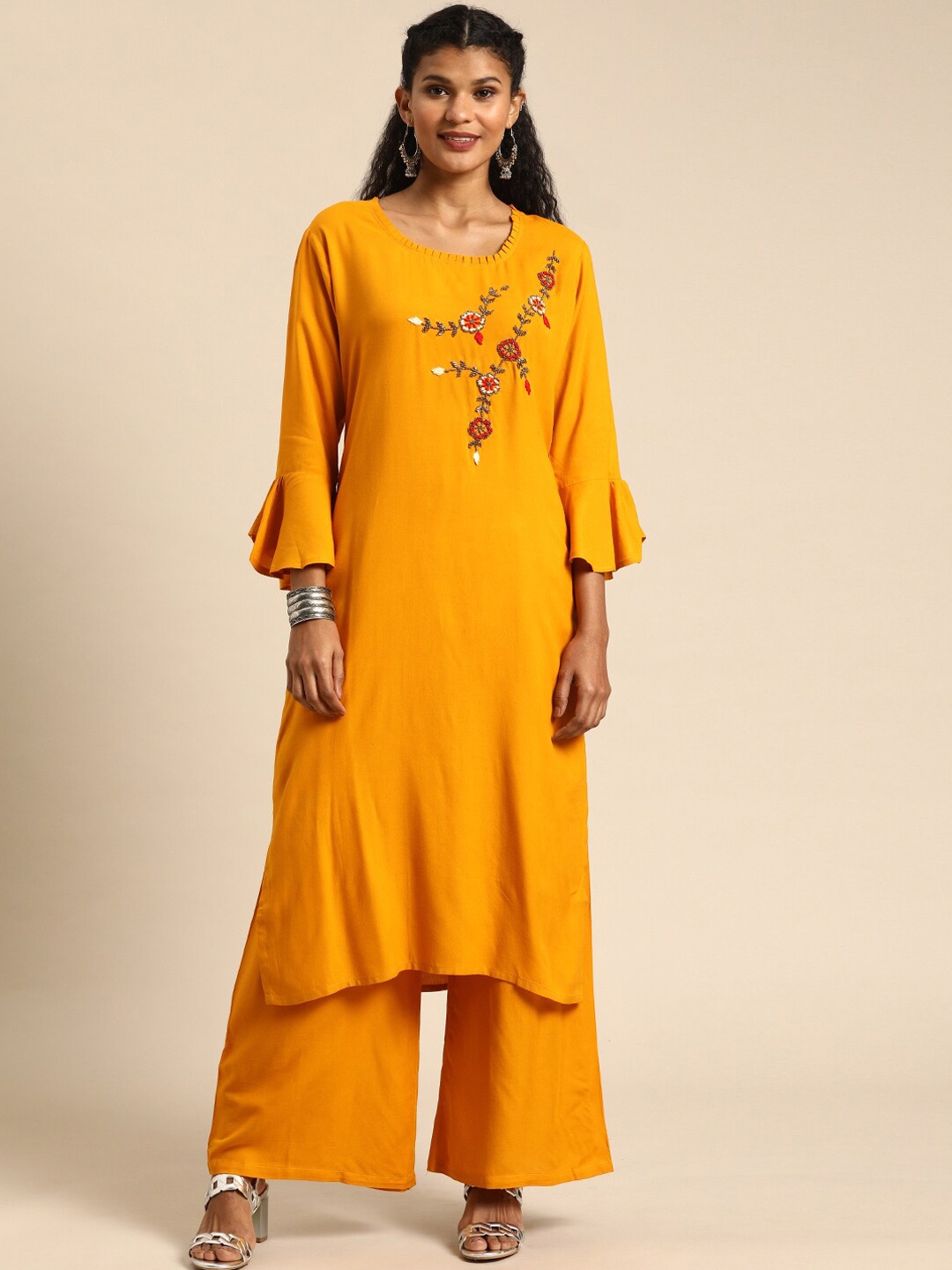 

KALINI Floral Embroidered Straight Kurta with Palazzos, Mustard