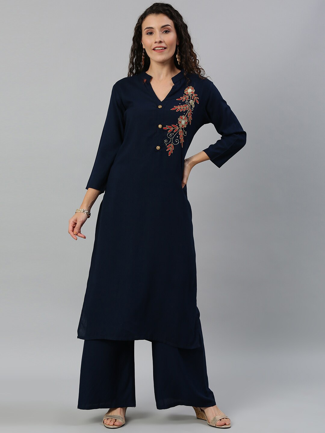 

KALINI Ethnic Motifs Embroidered Beads and Stones Kurta With Palazzos, Navy blue