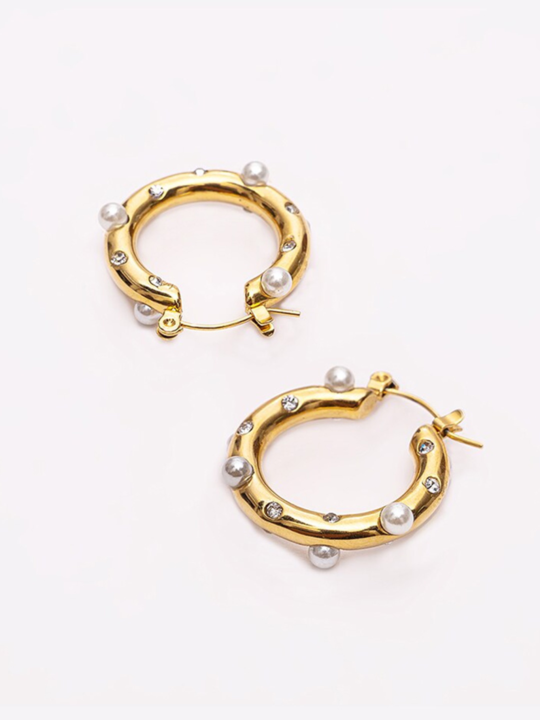 

PALMONAS 18KT Gold Plated Stainless Steel Pearl Studded Hoop Earrings