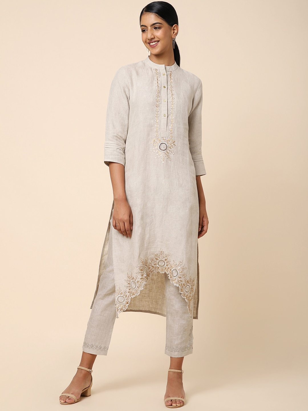 

House Of Dharaa Floral Embroidered Regular Thread Work Kurta With Trousers, Beige