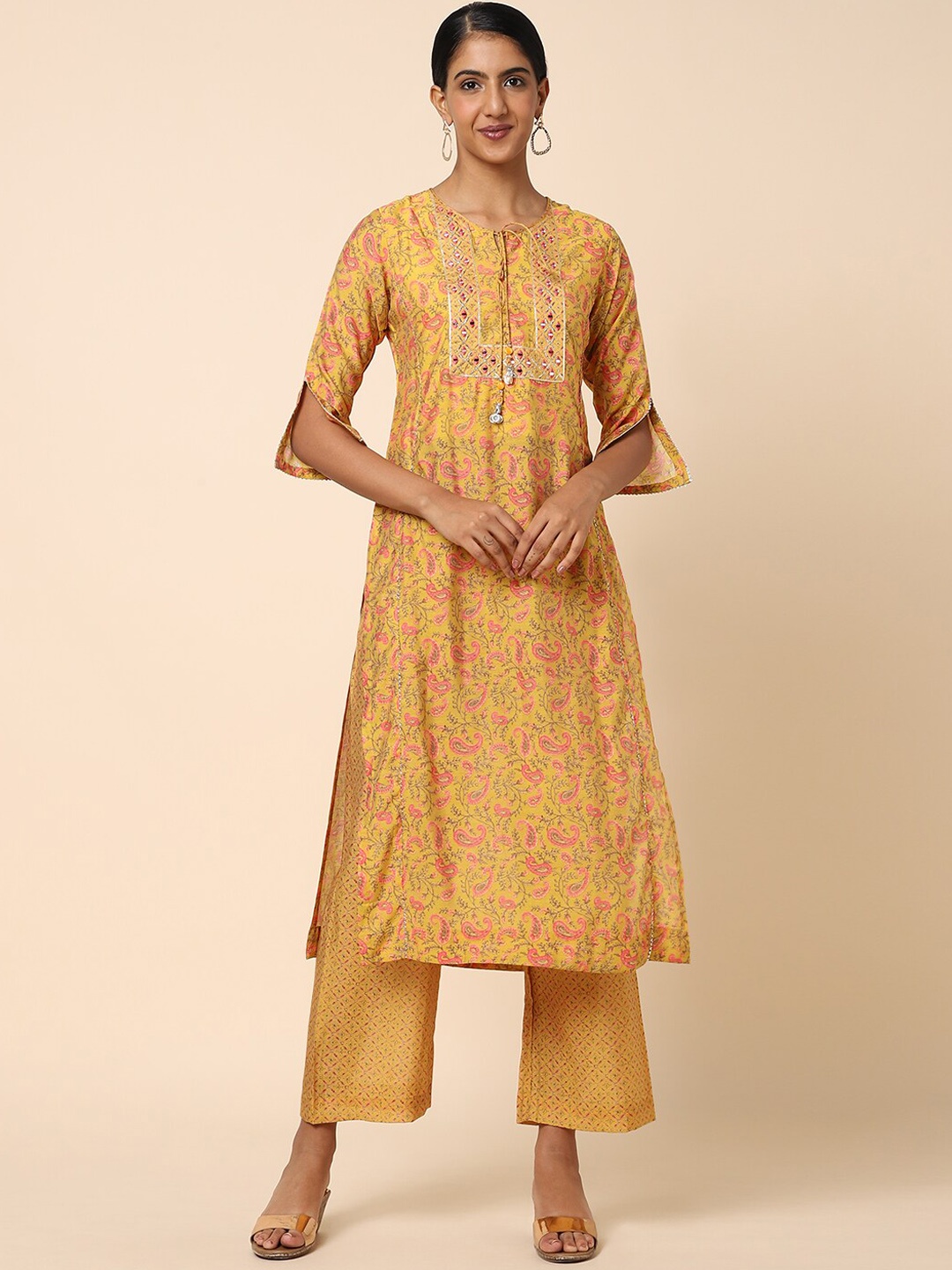

House Of Dharaa Paisley Printed Regular Mirror Work Kurta With Palazzos, Yellow