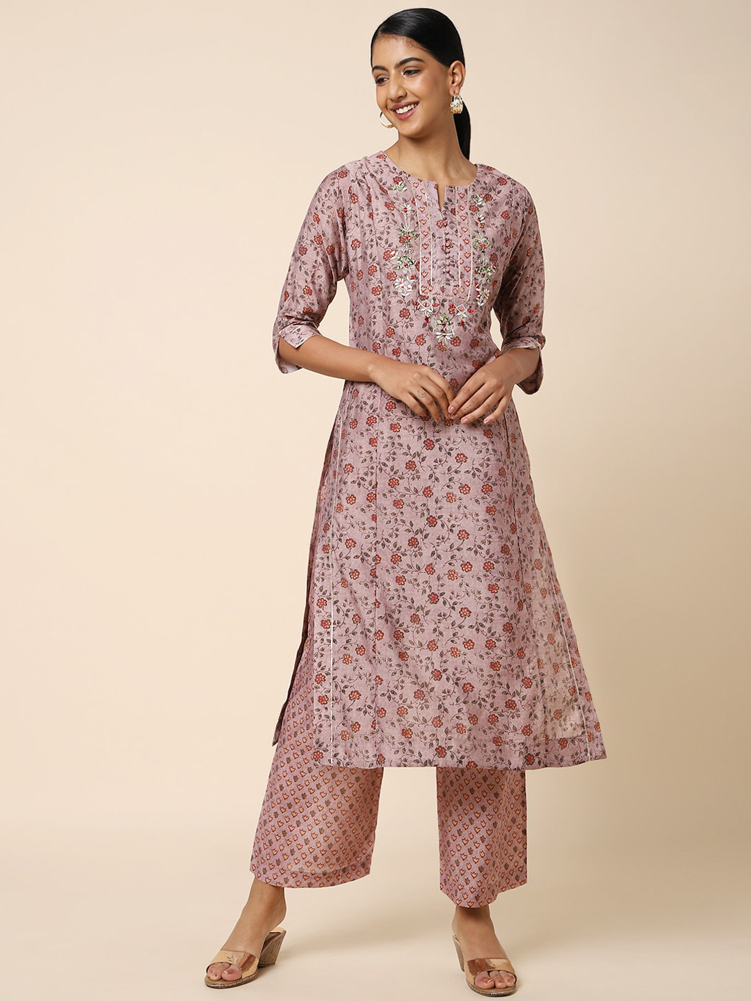 

House Of Dharaa Floral Printed Regular Thread Work Kurta With Palazzos, Pink