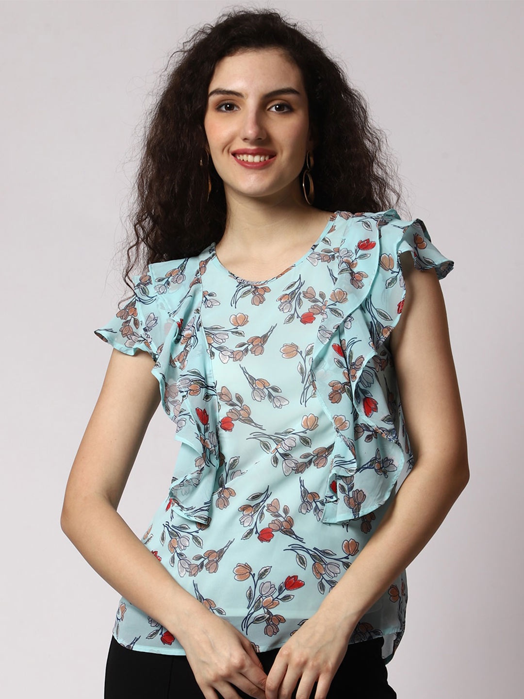 

Prettify Floral Printed Flutter Sleeves Top With Ruffles, Turquoise blue