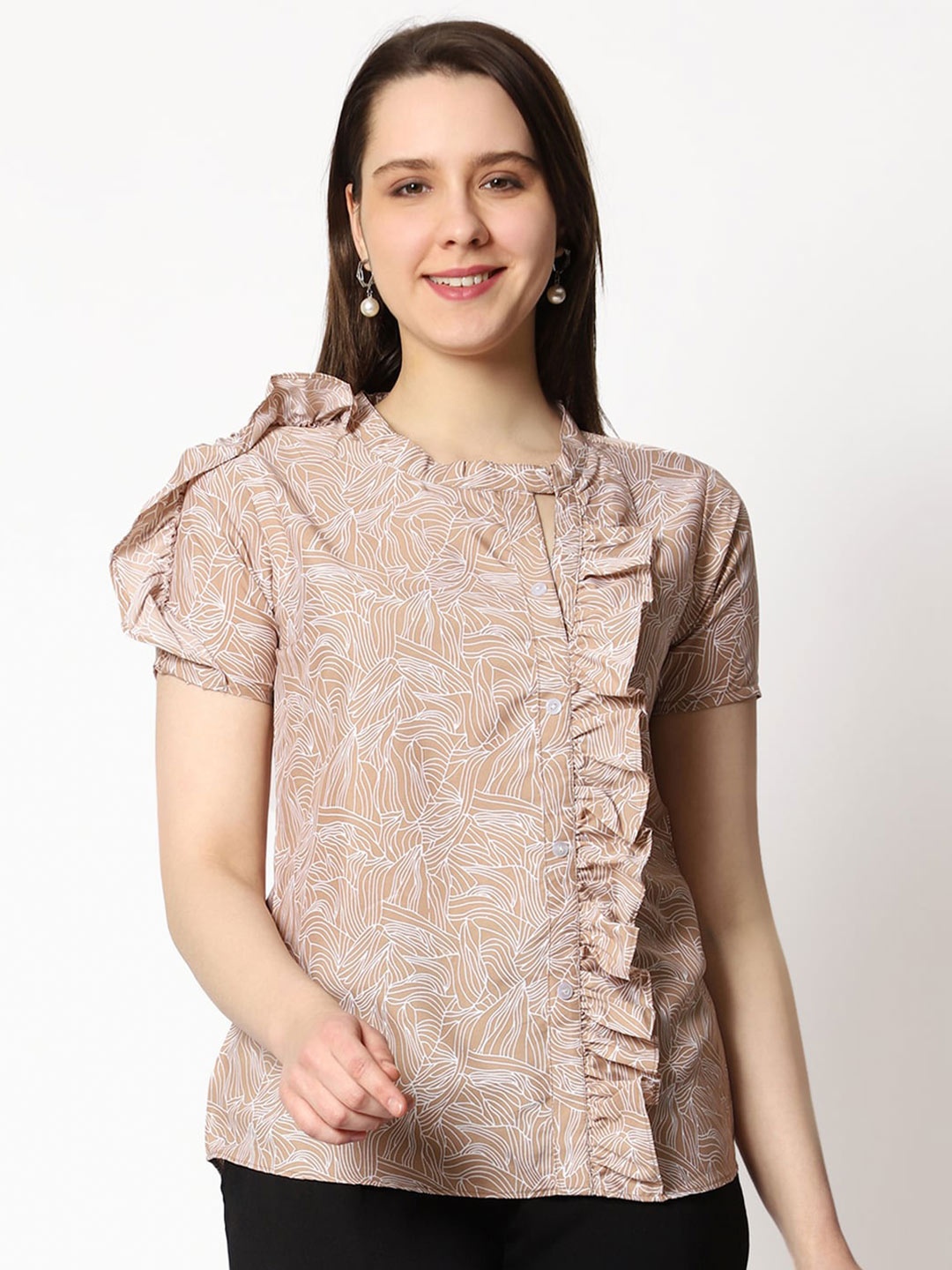 

Prettify Floral Printed Top With Ruffles, Brown