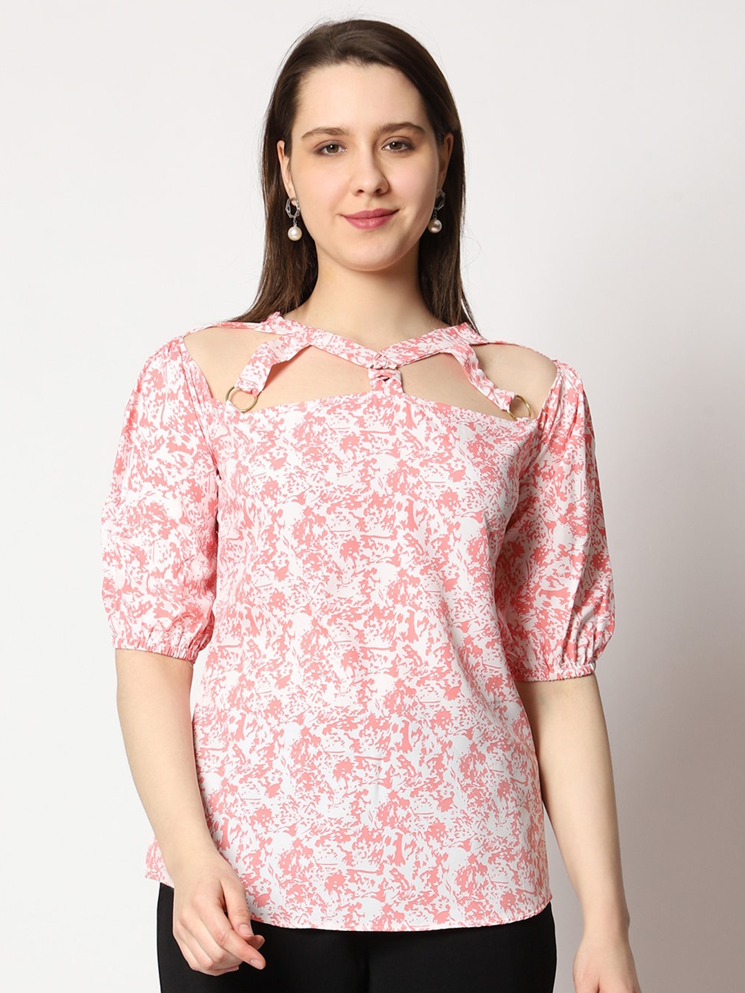 

Prettify Abstract Printed Cut Out Top, Pink