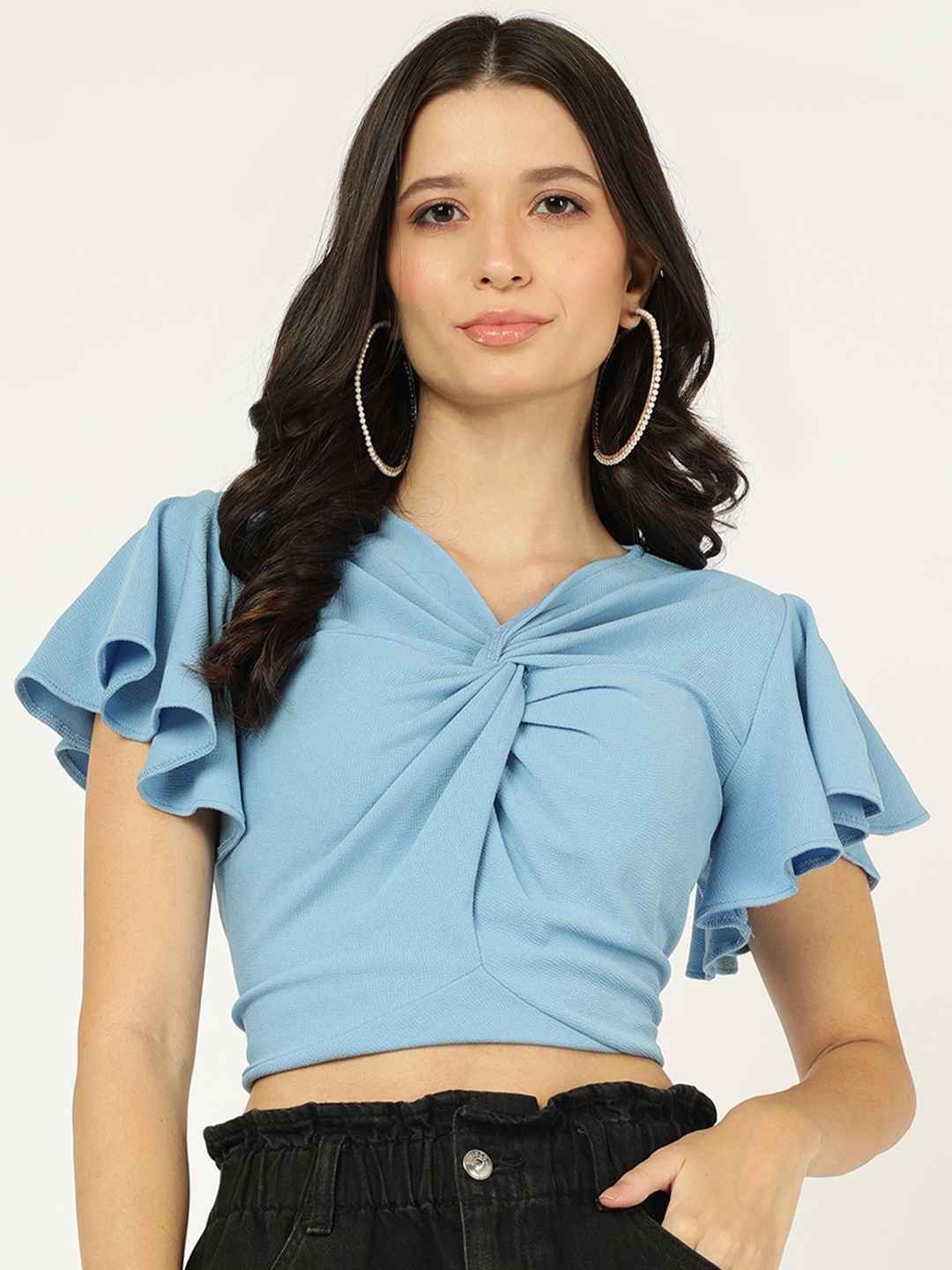 

Prettify Flutter Sleeves Crop Top, Turquoise blue