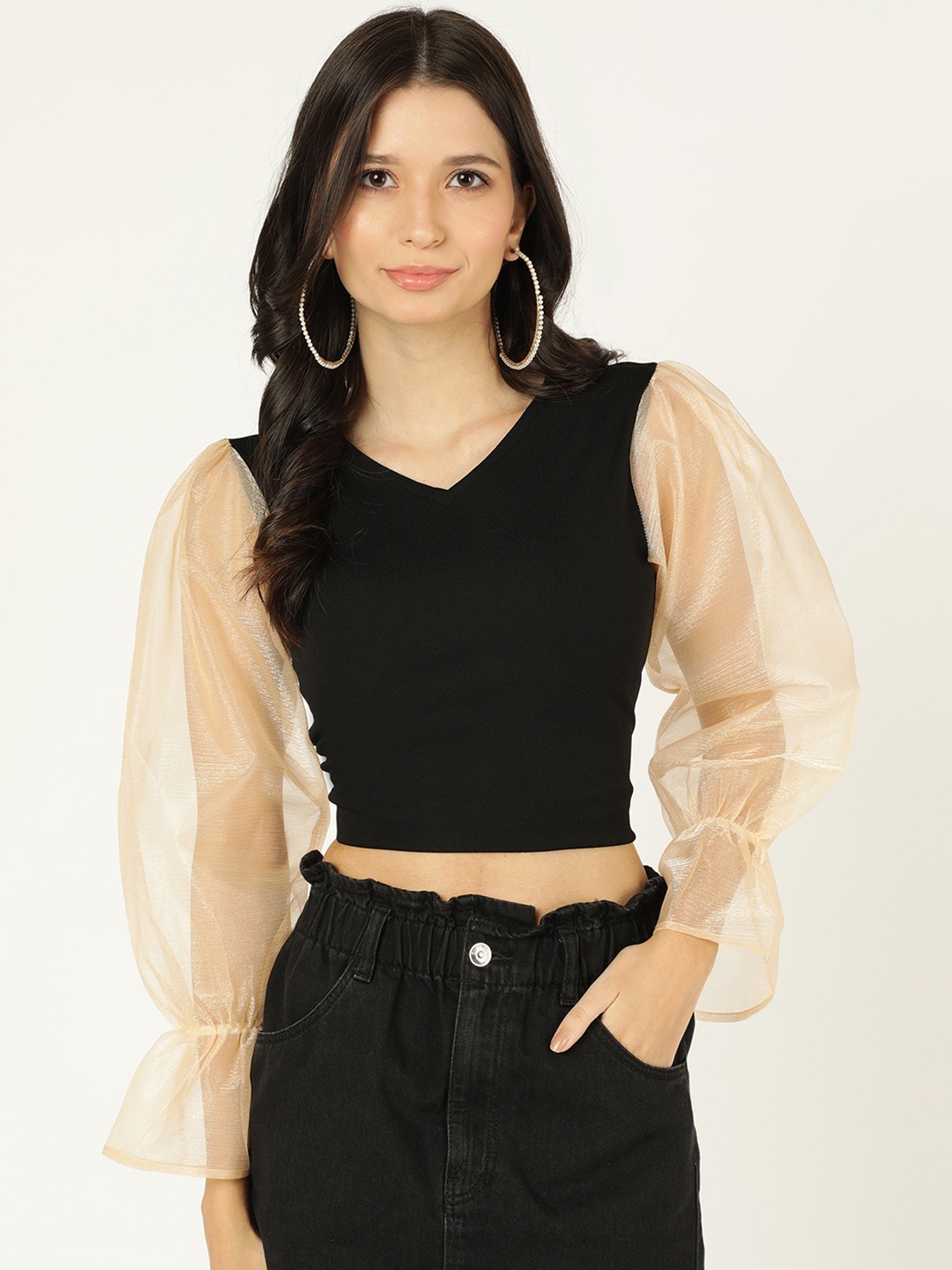 

Prettify Cuffed Sleeves Crop Top, Black