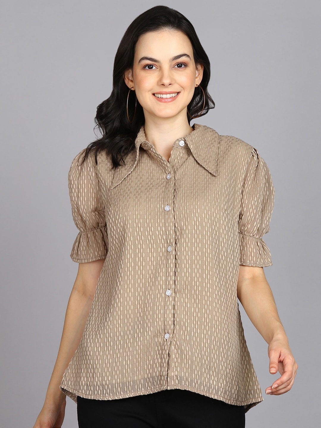 

Prettify Self Design Puff Sleeves Shirt Style Top, Beige