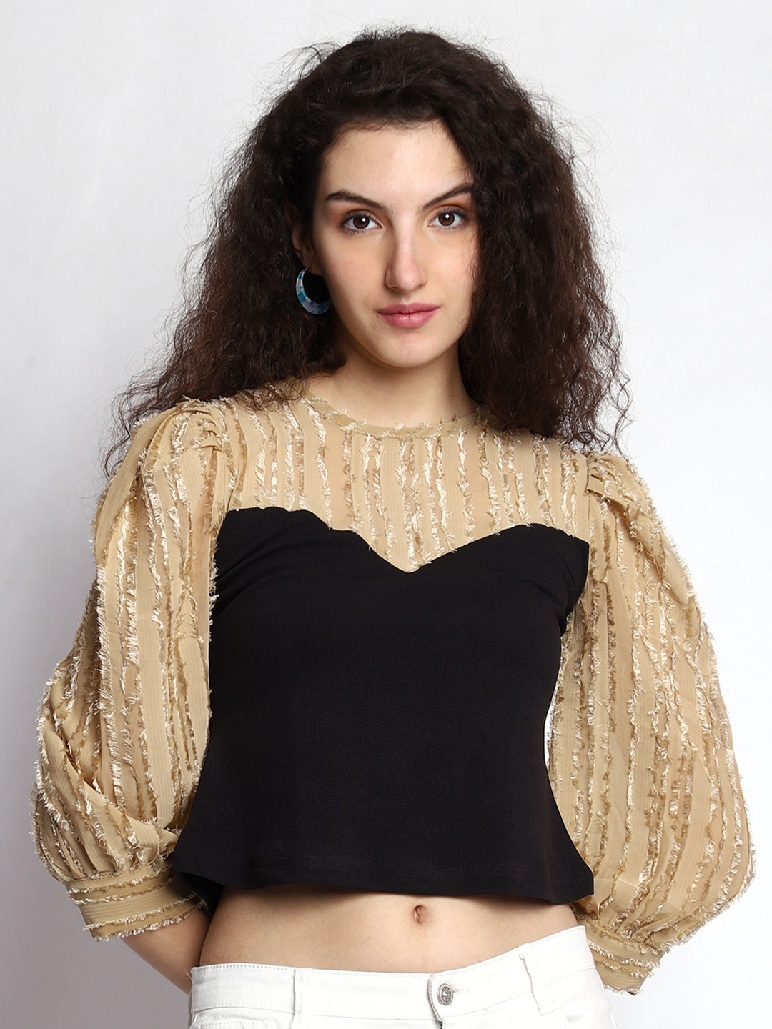 

Prettify Self Design Puff Sleeve Crop Top, Black