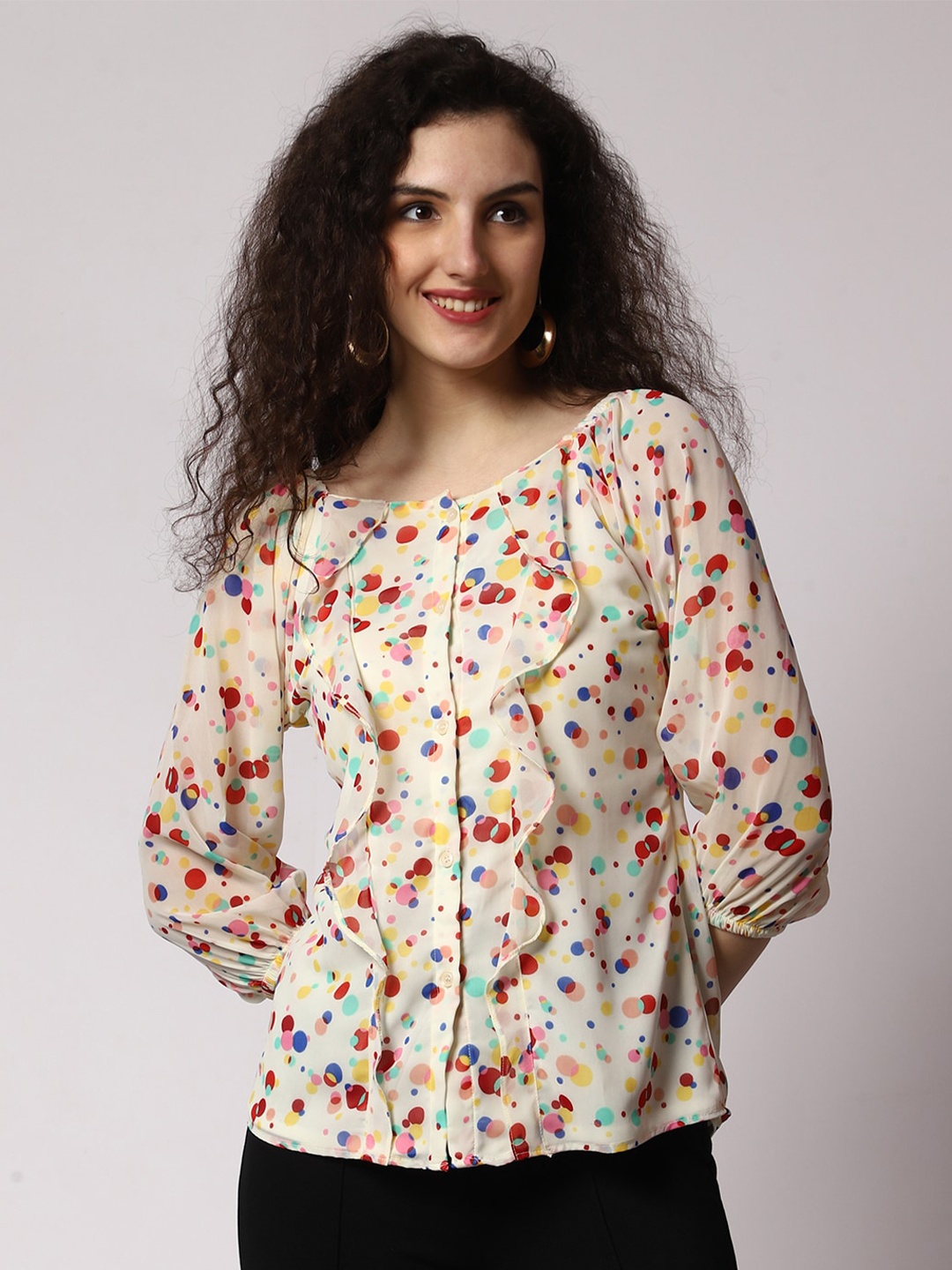 

Prettify Geometric Printed Puff Sleeves Shirt Style Top, Off white
