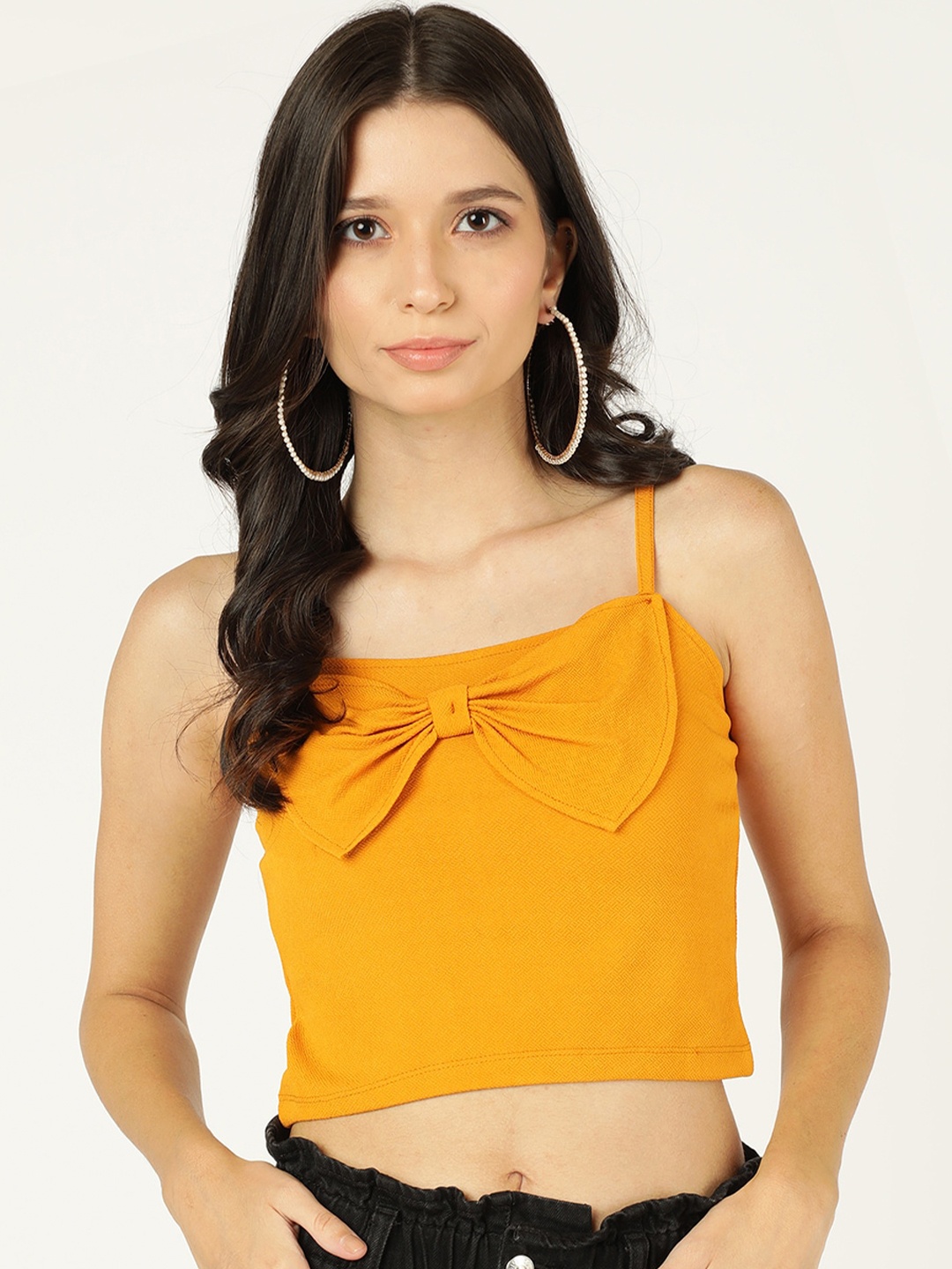 

Prettify Shoulder Straps Bow Detail Fitted Crop Top, Orange