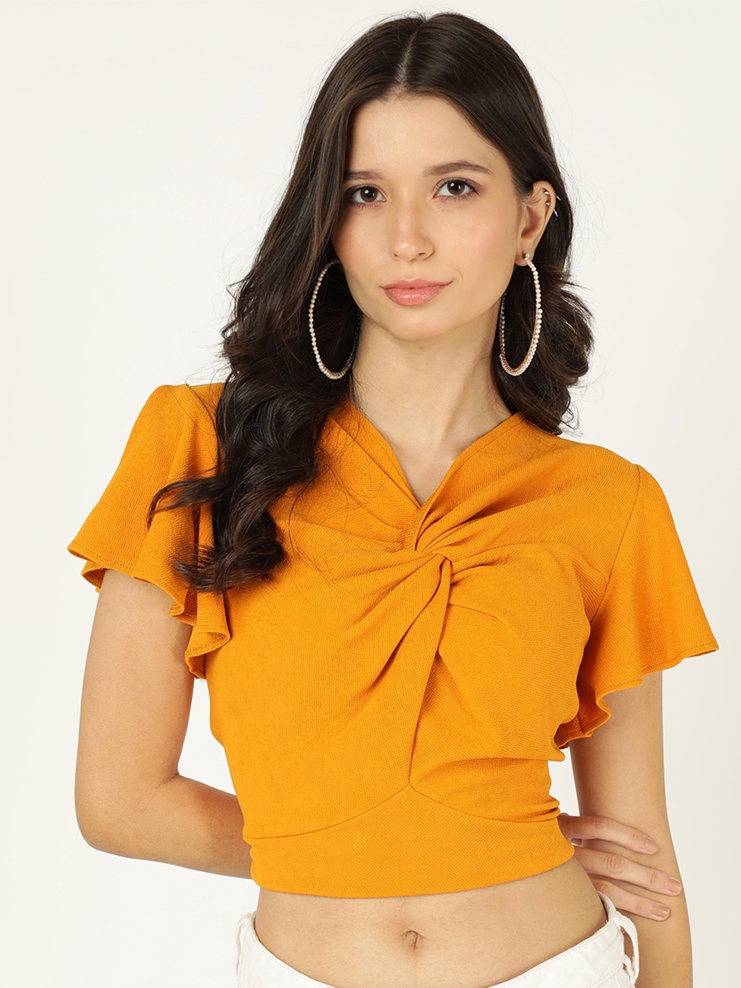 

Prettify Orange Flutter Sleeve Twisted Crop Top