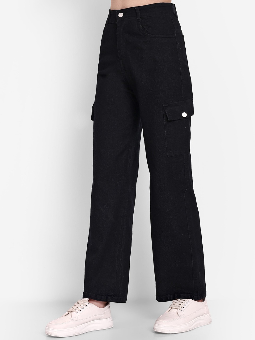 

BROADSTAR Women Smart Wide Leg High-Rise Clean Look Stretchable Cargos, Black