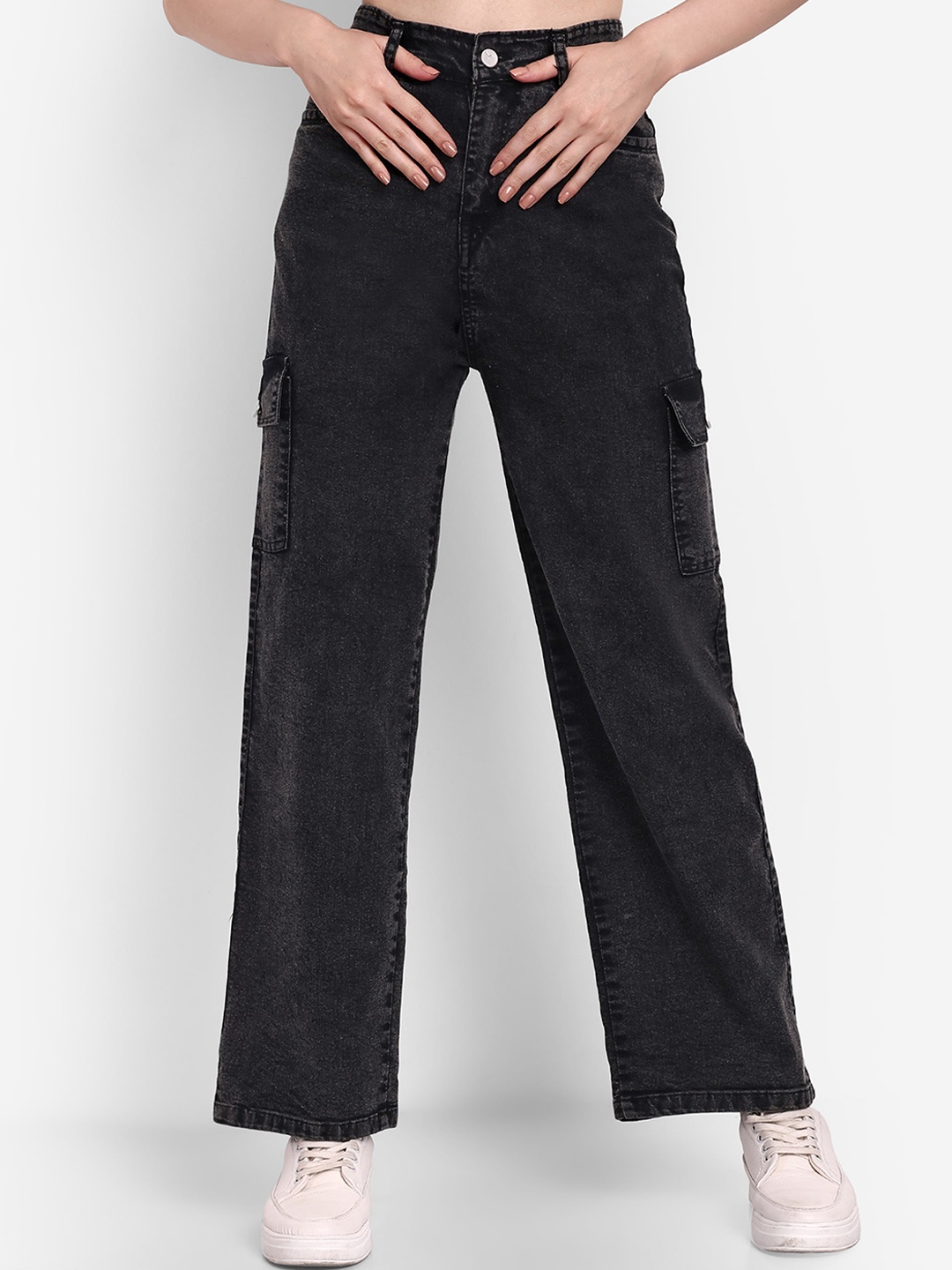 

BROADSTAR Women Smart Wide Leg High-Rise Clean Look Stretchable Jeans, Black