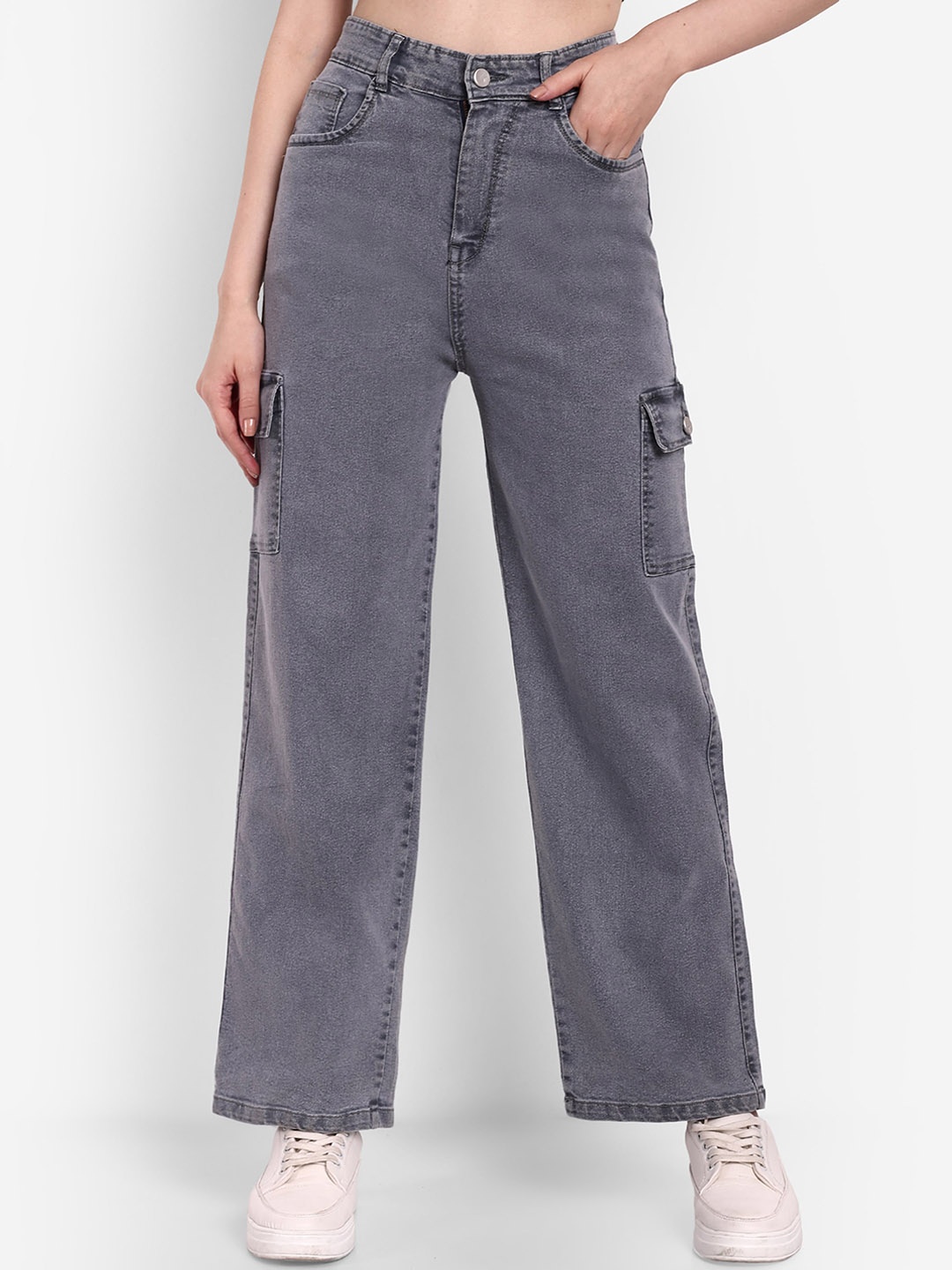 

BROADSTAR Women Smart Wide Leg High-Rise Clean Look Stretchable Jeans, Grey