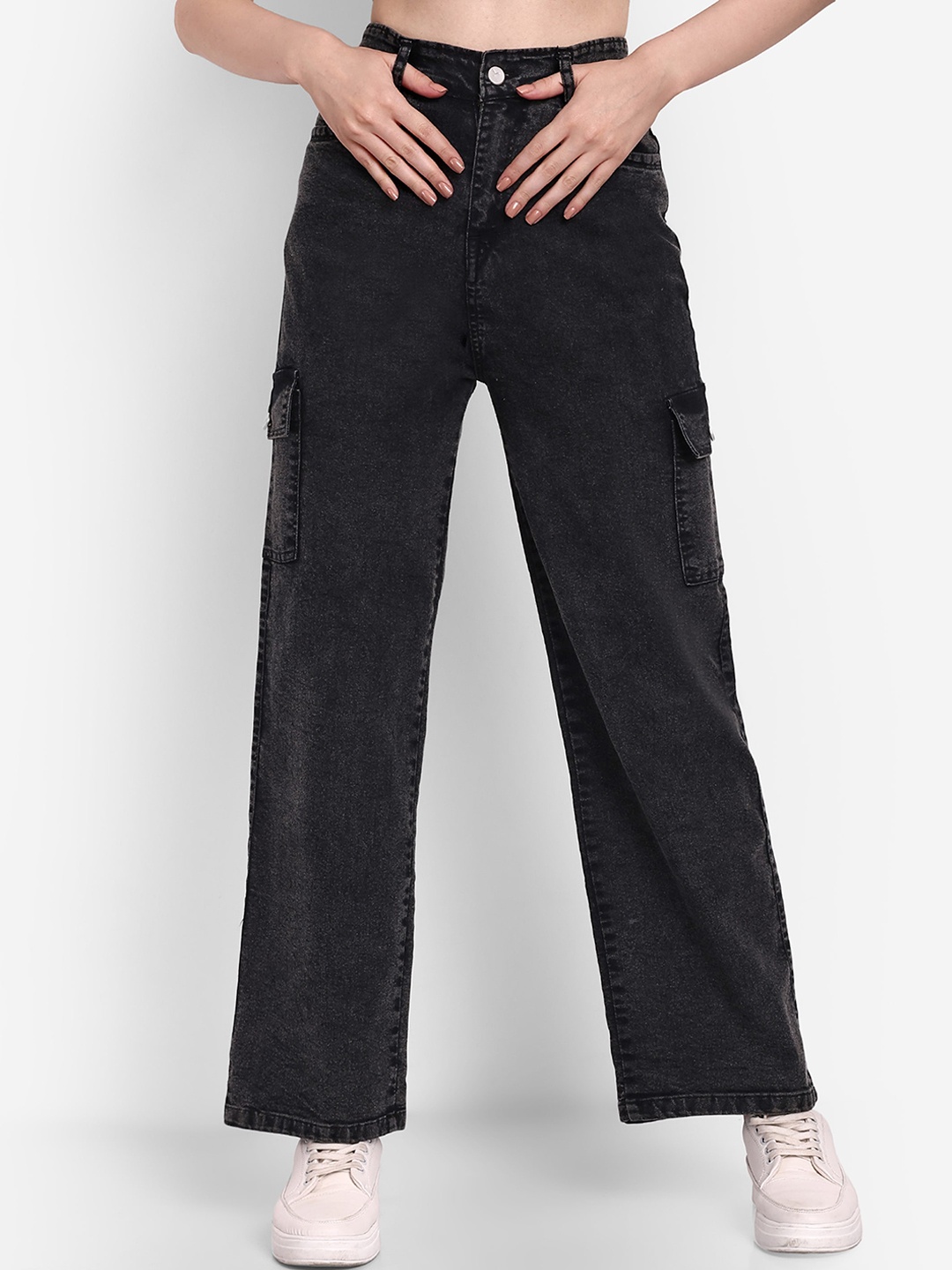 

Next One Women Smart Wide Leg High-Rise Mildly Distressed Stretchable Jeans, Black