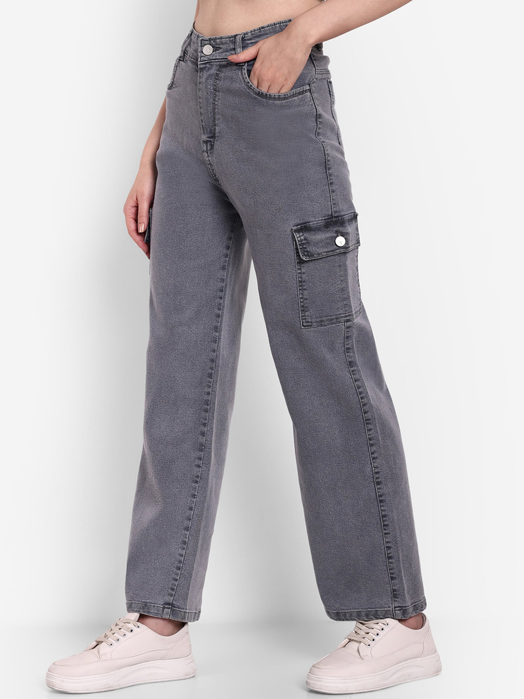 

Next One Women Smart Wide Leg High-Rise Mildly Distressed Stretchable Jeans, Grey