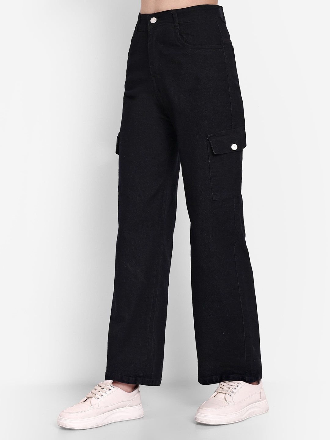 

Next One Women Smart Wide Leg High-Rise Stretchable Cargo Jeans, Black