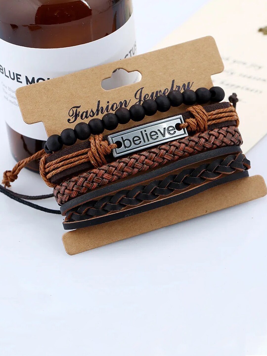 

YouBella Men Set Of 4 Leather Wraparound Bracelet, Black