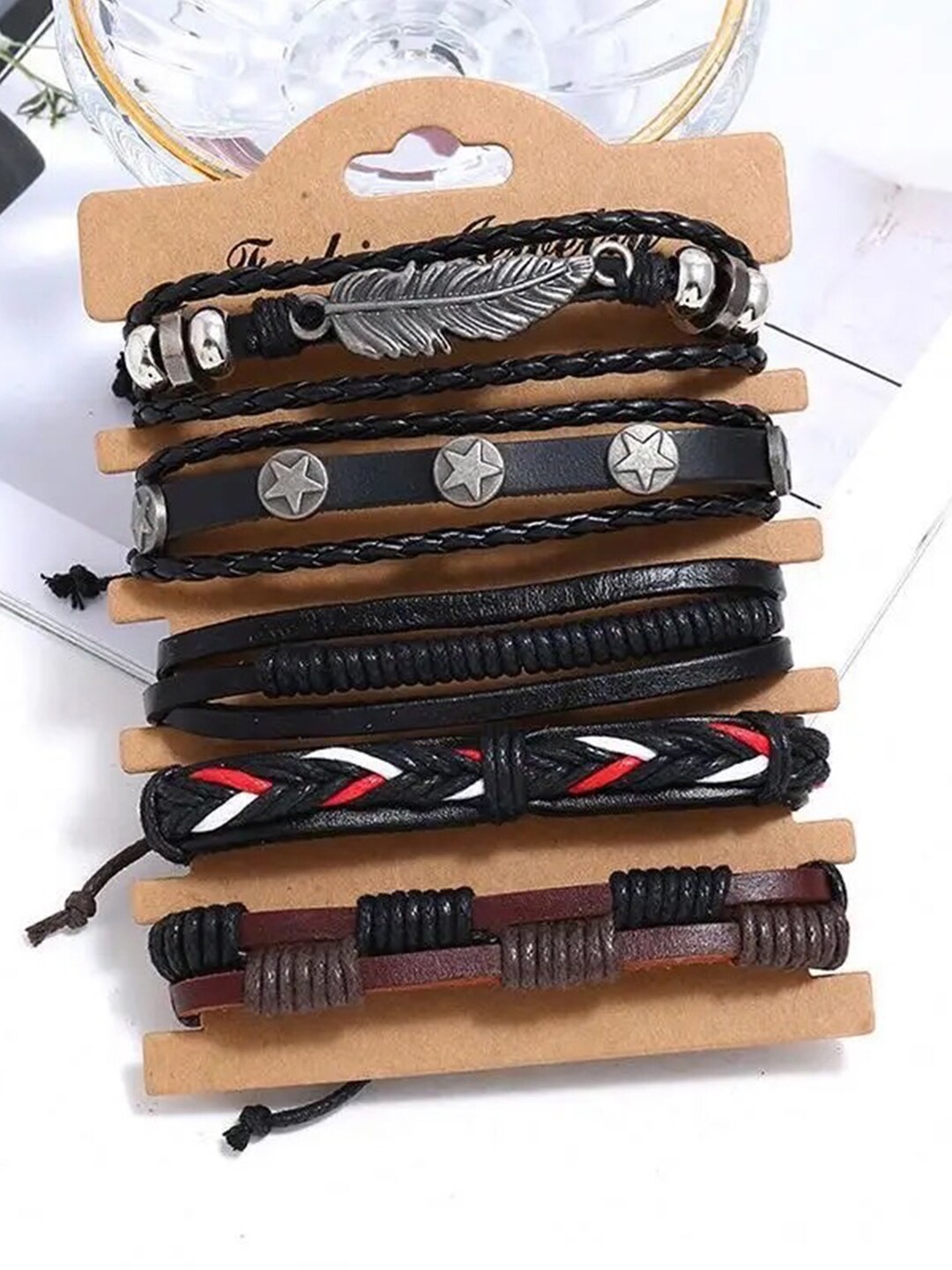 

YouBella Men Set Of 5 Leather Wraparound Bracelet, Black