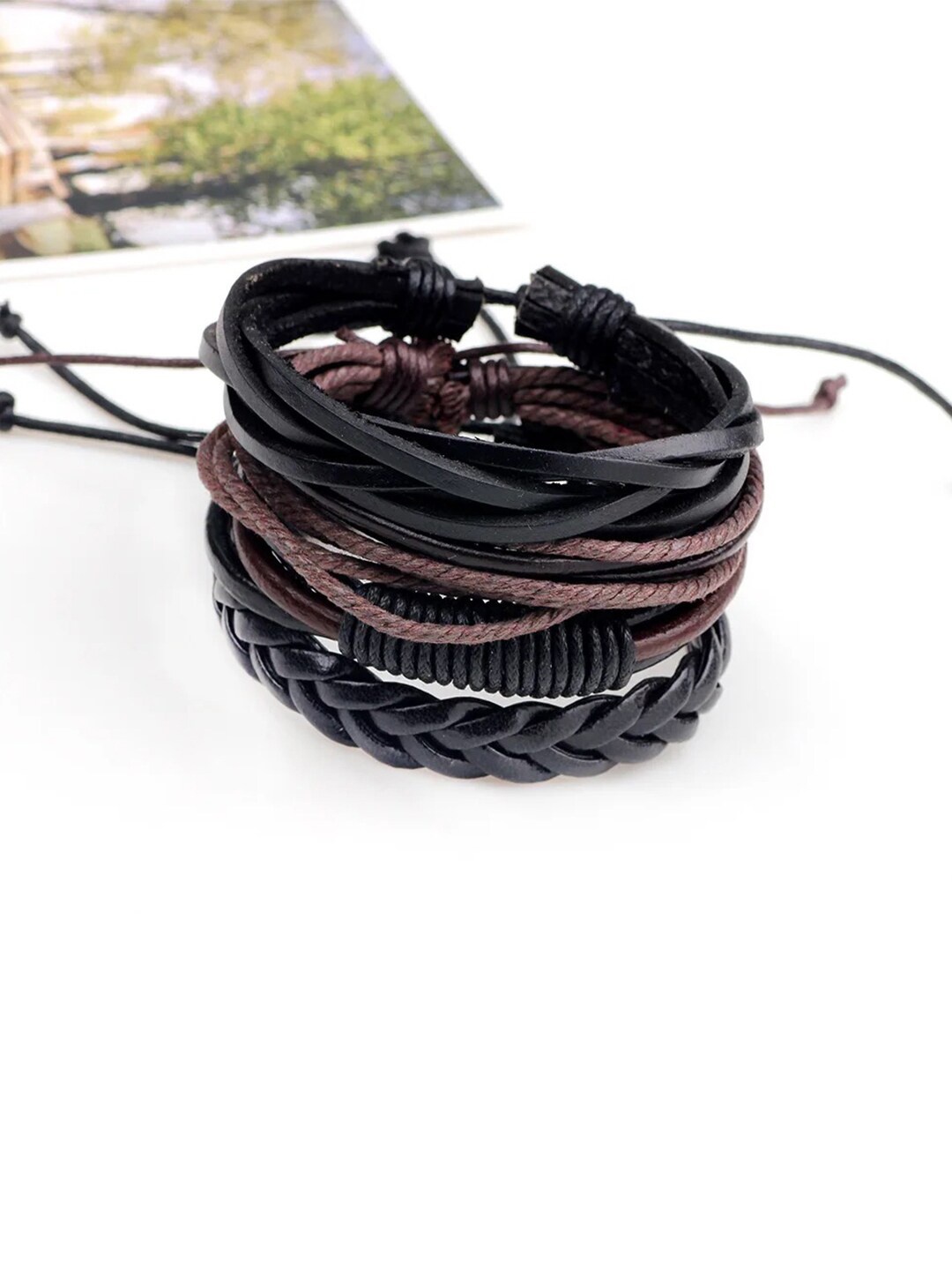 

YouBella Men Set Of 4 Leather Wraparound Bracelet, Black