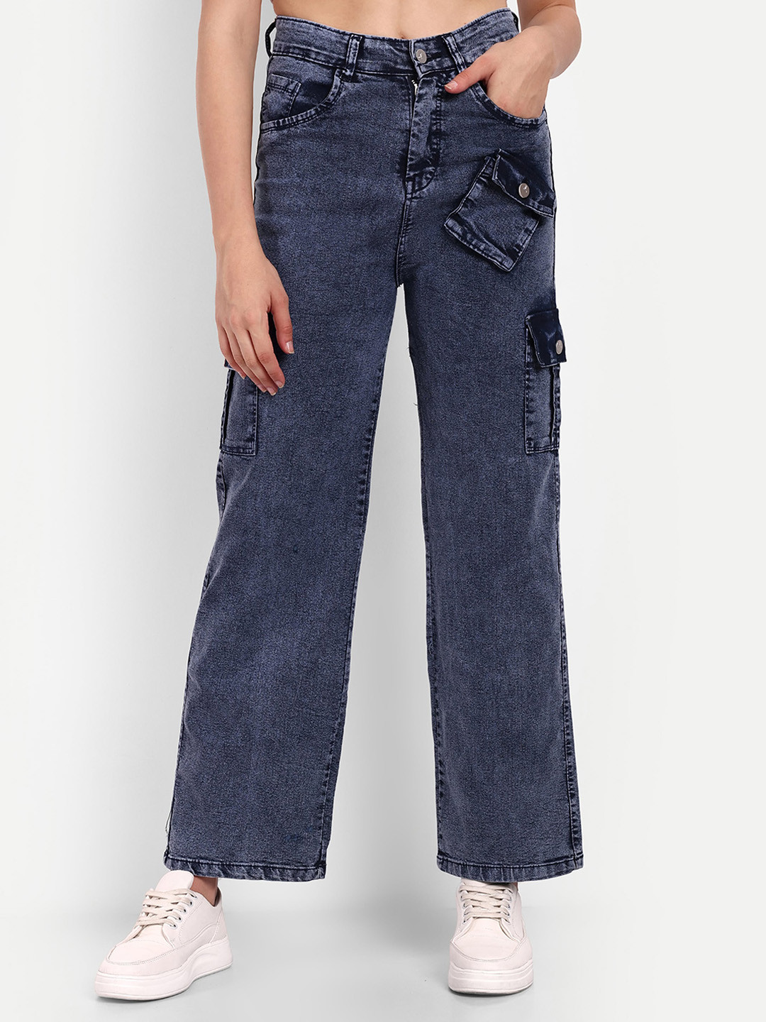 

BROADSTAR Women Smart Wide Leg High-Rise Light Fade Stretchable Jeans, Navy blue